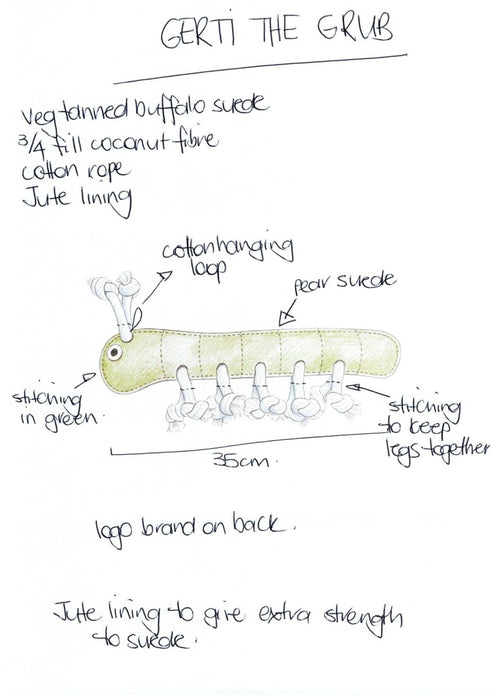 A detailed illustration of Gerti the Grub dog toy, featuring a green, elongated caterpillar design with a jute lining and cotton rope.