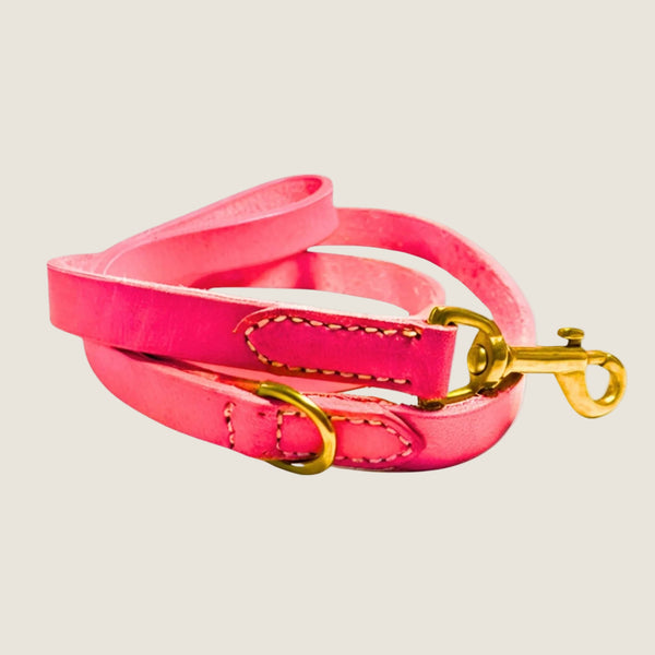 A vibrant hot pink leather dog lead is displayed, showcasing its smooth texture and minimalist design. The lead features a sturdy metal clasp and is accented with neatly stitched edges, emphasizing its handmade quality.