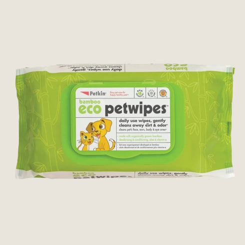 Pack of Petkin bamboo eco pet wipes on a white background