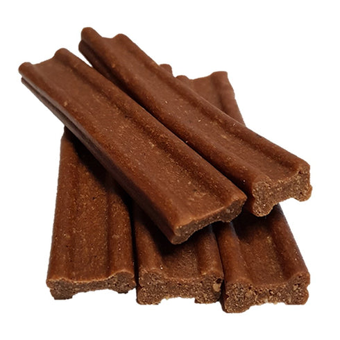 Stack of kangaroo dental dog treats on a white background