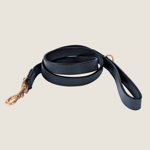 A navy leather dog lead is elegantly coiled and displayed on a white background. It features a sturdy metal clasp and a minimalist design, showcasing its high-quality craftsmanship and timeless aesthetic.