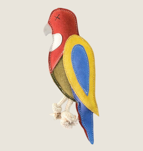 A colorful, bird-shaped plush toy resembling a Rosella parrot, featuring vibrant red, blue, yellow, and green felt accents. The toy includes textured details and a soft construction, ideal for engaging dogs in playful activities.