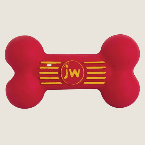 Red bone-shaped toy with JW logo on a white background