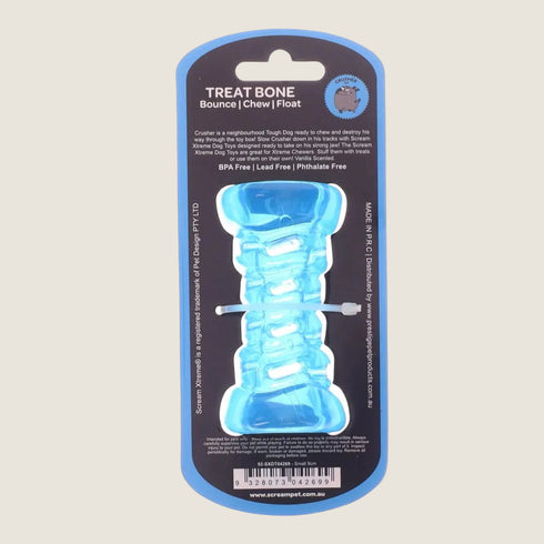 Blue bone-shaped dog chew toy on a white background