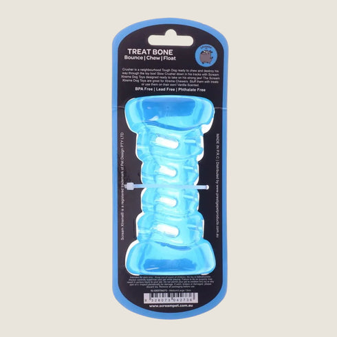 Blue dog chew toy with packaging on a white background