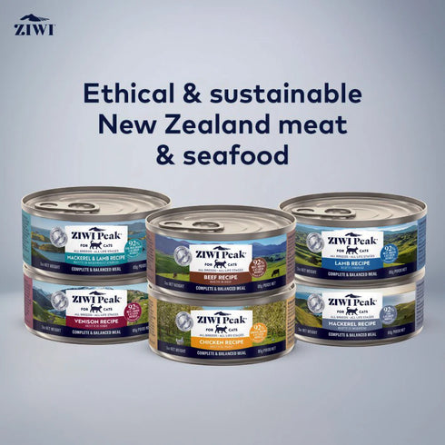 A variety pack of ZIWI Peak wet cat food featuring six different flavors, including beef, chicken, mackerel and lamb, venison, and more.