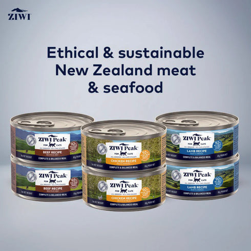 A display of ZIWI Peak wet cat food cans arranged in a neat row, featuring three flavors: beef, chicken, and lamb. Each can is labeled with vibrant graphics, emphasizing the use of ethical and sustainable New Zealand meat and seafood.