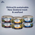 A display of ZIWI Peak wet cat food cans arranged in a neat row, featuring three flavors: beef, chicken, and lamb. Each can is labeled with vibrant graphics, emphasizing the use of ethical and sustainable New Zealand meat and seafood.