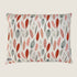 A rectangular dog bed featuring a linen-blend fabric adorned with a colorful pattern of leaves in shades of red, gray, and muted tones. The design showcases an artistic.