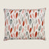 A decorative dog bed featuring a linen-blend cover adorned with a vibrant pattern of various leaves in shades of red, gray, and peach on a light background.