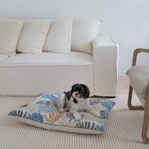 A small black and white dog lounges comfortably on a large, colorful cushion featuring a floral pattern. In the background, a light-colored couch and a beige armchair are visible, creating a cozy living room setting.
