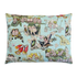 A decorative pillow featuring a whimsical, colorful print with illustrations of cherubic figures, birds, and flowers against a light blue background. The design combines elements of fantasy and nature, adding a playful touch to any space.