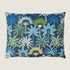 Decorative pillow with tropical palm tree and flower pattern on a blue background