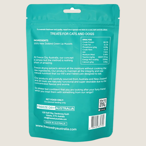 The image features the back of a packaging for Freeze Dried Green Lip Mussels, designed for pets. It includes ingredient information, analysis, and feeding guidelines, all presented on a bright blue background with a clear brand logo.