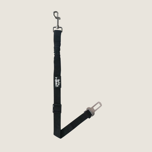 A black anti-shock bungee leash designed as a car seat restraint, featuring a sturdy metal clip on one end and a seat belt buckle on the other. The adjustable strap allows for a customizable length between 48cm and 76cm.