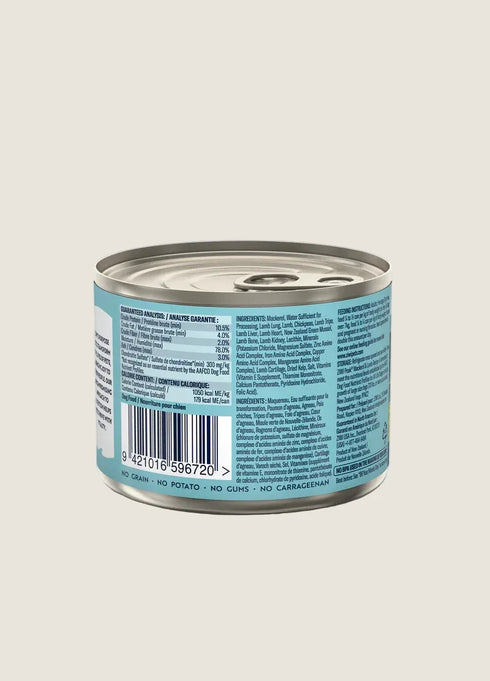 A can of ZIWI Peak Canned Mackerel & Lamb Dog Food, featuring a light blue label with detailed ingredient information and guaranteed analysis on the back.