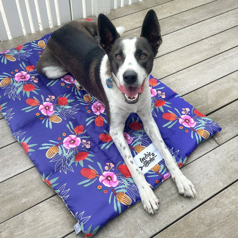 A happy dog with black and white fur lies on a vibrant travel mat adorned with colorful floral patterns against a deep purple background. The mat is set on a wooden deck, showcasing a sunny outdoor environment.
