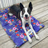 A happy dog with black and white fur lies on a vibrant travel mat adorned with colorful floral patterns against a deep purple background. The mat is set on a wooden deck, showcasing a sunny outdoor environment.