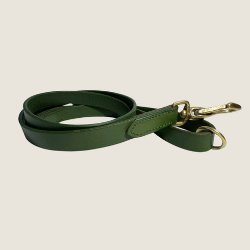 A classic green leather dog lead is displayed, featuring a smooth finish and sturdy construction. It has an antique brass clip for secure attachment, emphasizing both elegance and durability for active pets.