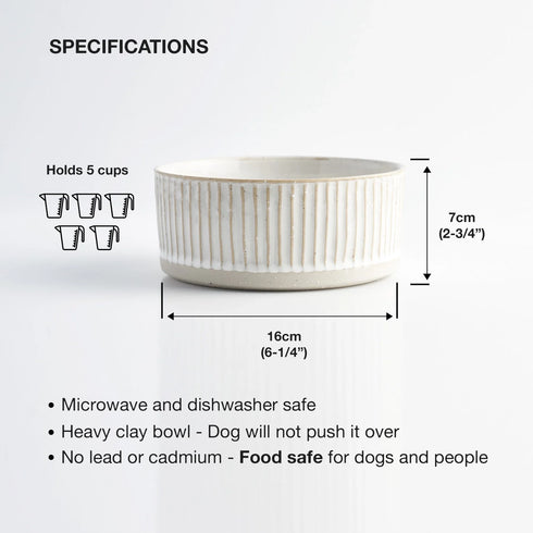 ANIMALS IN CHARGE DOG WATER BOWL WHITE SCALLOPED STONEWARE