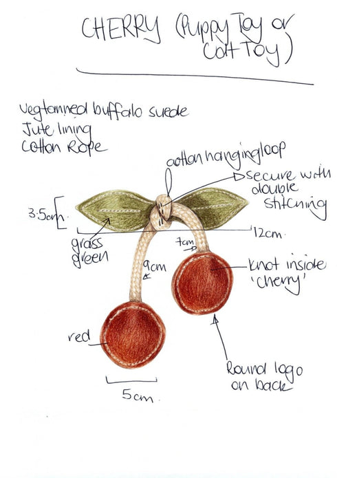 A detailed sketch of a cherry-shaped puppy and cat toy, featuring two round red cherries with green leaves, attached to a cotton rope.