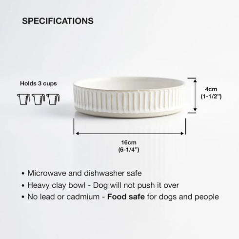 ANIMALS IN CHARGE DOG FOOD BOWL - WHITE SCALLOPED STONEWARE